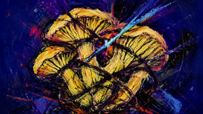 Cluster Under Siege A compressed mushroom cluster bound by chaotic lines, representing anxious pressure to cohabit and87
