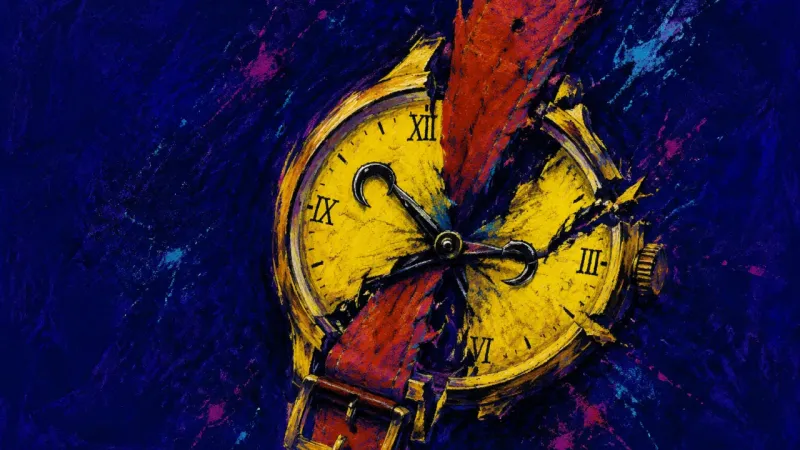 A wristwatch crushed by its own strap, symbolising reduced hours forced to carry full-time output 