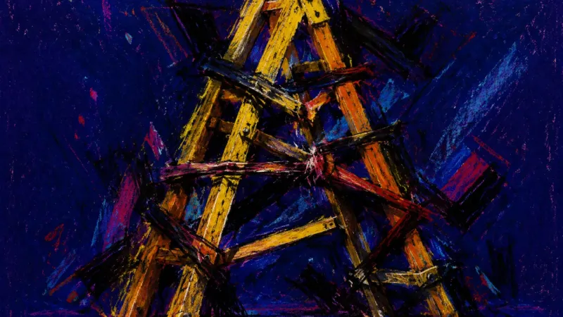 Rungs Under Pressure A crushed stepladder bound by chaotic lines, representing hidden overtime, compressed capacity
