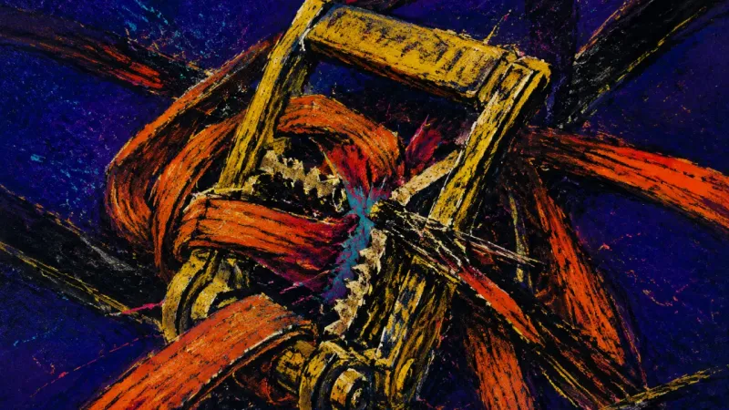 Advance Denied A crushed ratchet buckle trapped by looping straps, representing perfectionistic thesis work that