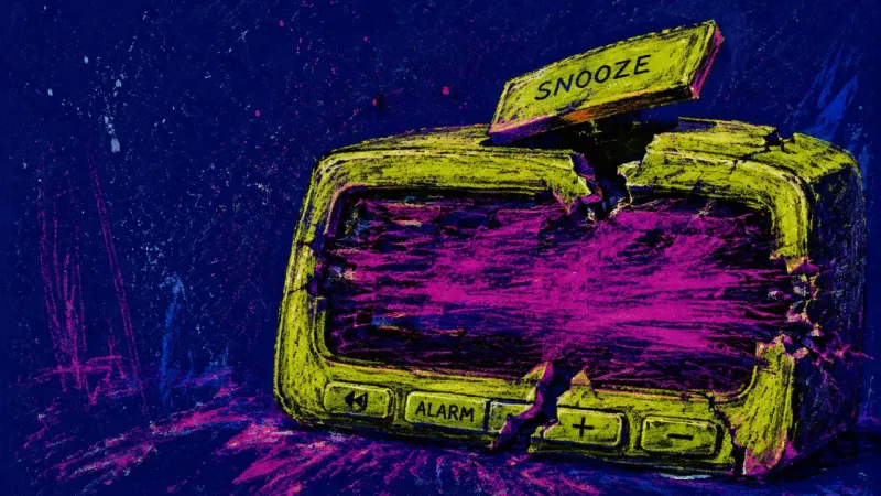 A damaged 11:40 alarm clock symbolises the late-night loop that turns a mutual friend's neutrality n