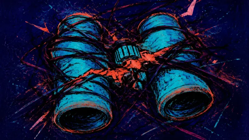 Collapsed Neutrality Crushed binoculars tangled by harsh lines represent rejection fear turning a mutual friend's ne