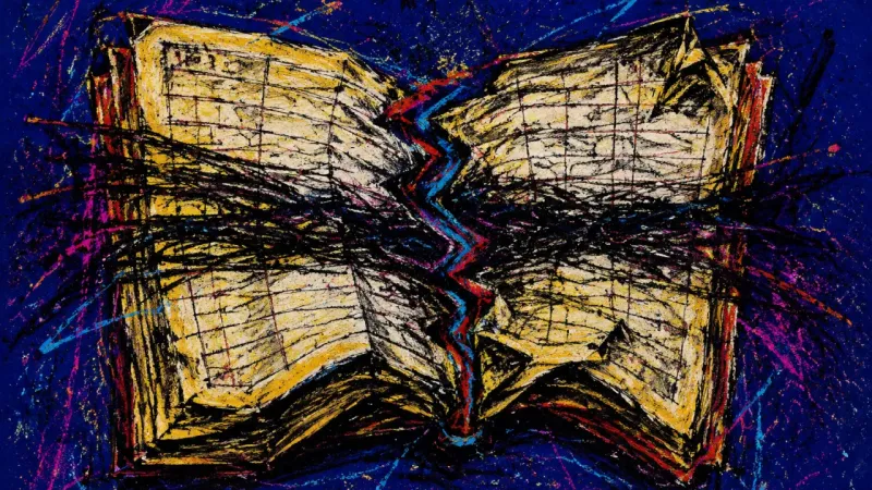Inherited Debt A ledger crushed by tangled lines, representing childhood role regression, unspoken household terms,