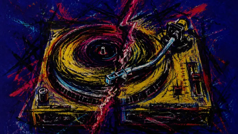 The Compulsory Groove A distorted turntable trapped in recursive lines, representing identity loss and pressure within an