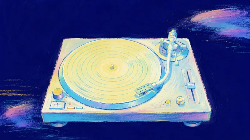 Rhythm Reclaimed A restored turntable with clear, balanced parts, representing self-recognition and family connection