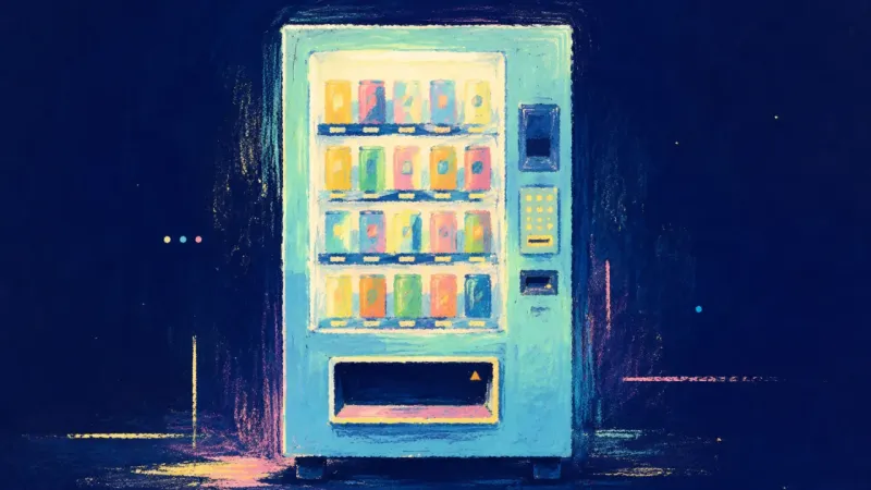 Order Through Practice A restored vending machine with orderly choices and one clear outlet, symbolizing self-trust built,