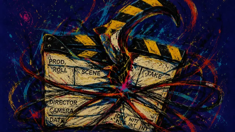 The Endless Retake A clapperboard crushed into a bound knot represents creative visibility paralysis and the pressure