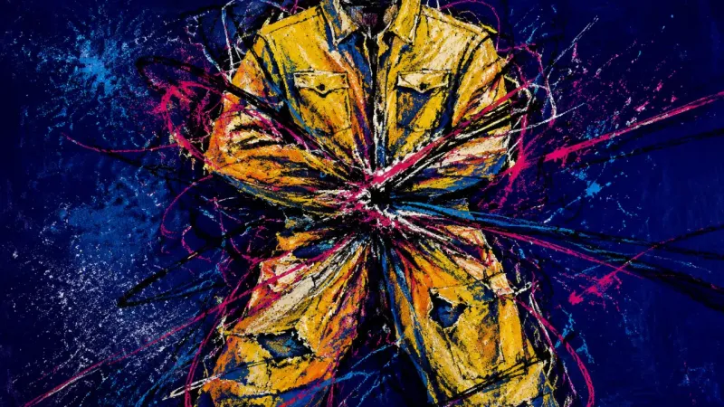 Uniform Under Siege A distorted jumpsuit bound by chaotic lines represents role overload, suppressed preference, and an