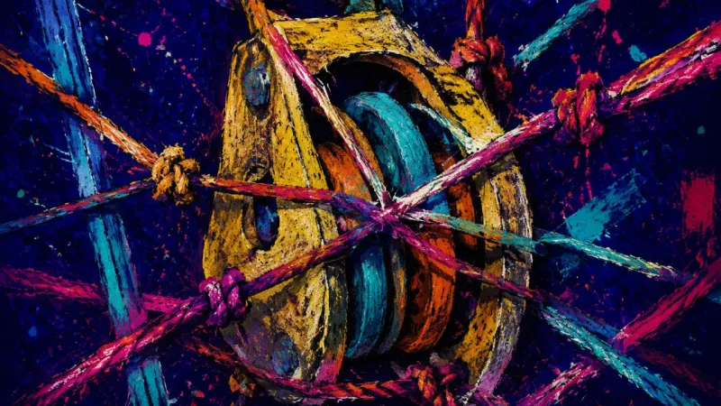 Suspension Without Return A crushed pulley block tangled by dense lines represents anxious waiting, unequal effort, and a loss