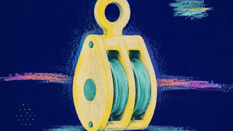 Reciprocity in Motion An orderly pulley block symbolizes anxious waiting resolved through direct communication, balanced