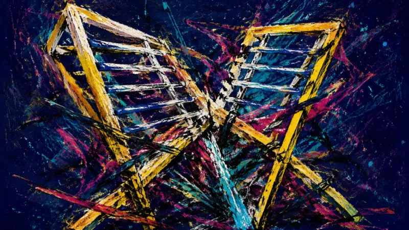 Framework Under Grip A distorted drying rack trapped in dense lines, representing compulsive location checking, insecurit