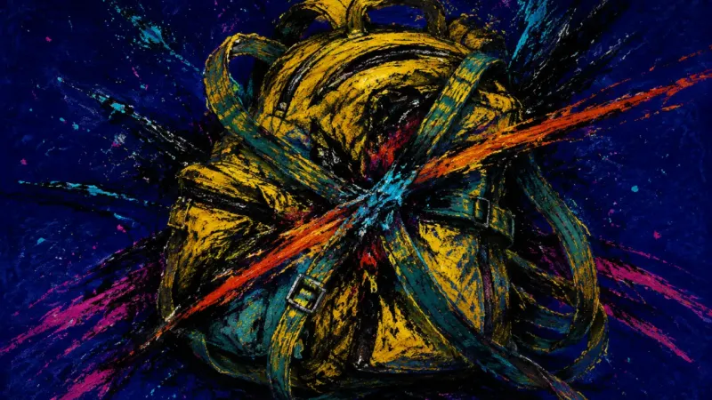 A crushed backpack bound by tangled straps, representing approval-driven overcommitment, burnout,