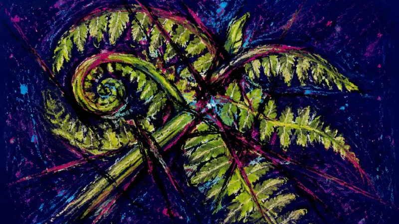 Frond in Deadlock A crushed fern frond bound by chaotic lines, representing perfectionist overediting and the fear of