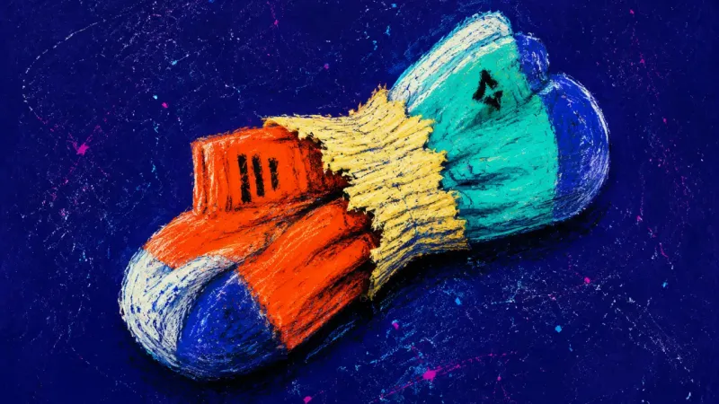 A mismatched pair of socks forced into one torn cuff, symbolizing pressure to keep a changing friend