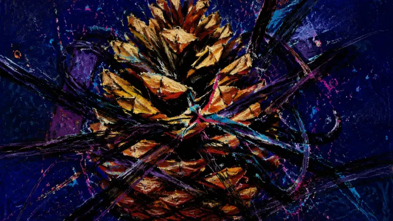 Scales Under Siege A compressed pinecone tangled by chaotic lines, representing nostalgia-driven pressure and fear of