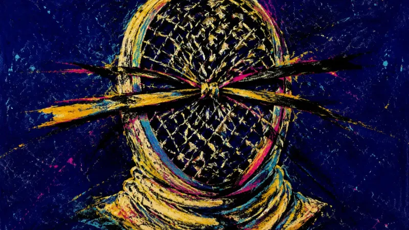 Mask Under Contract A fencing mask crushed and bound by tangled bands, representing guilt and reduced autonomy within