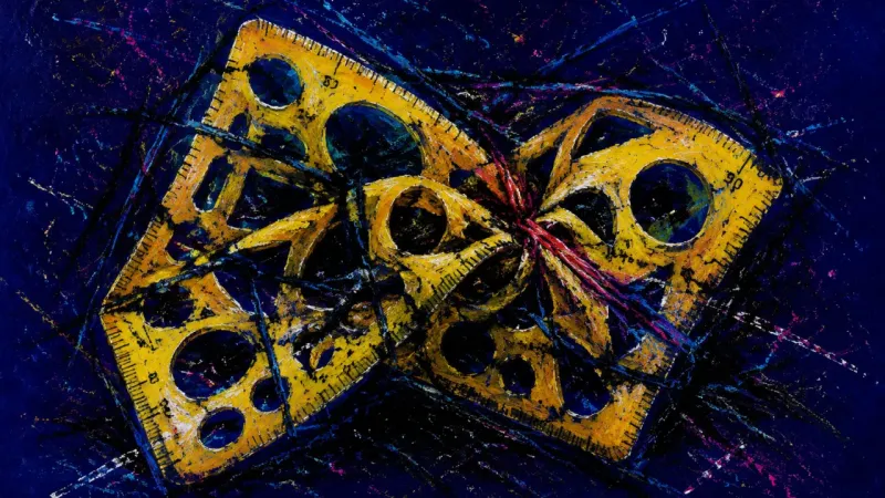 Template Under Siege A drafting stencil crushed by tangled bands, representing self-help choice overload and an apressive