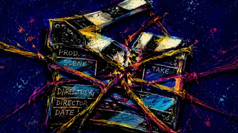 A deformed clapperboard trapped in chaotic lines, representing public persona burnout, overcommit