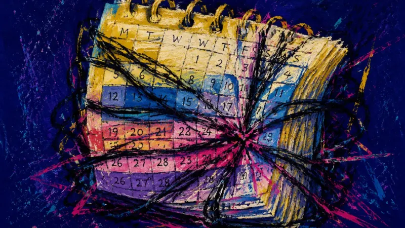Calendar Under Siege A calendar crushed by overlapping future pages, representing longing trapped in promises that