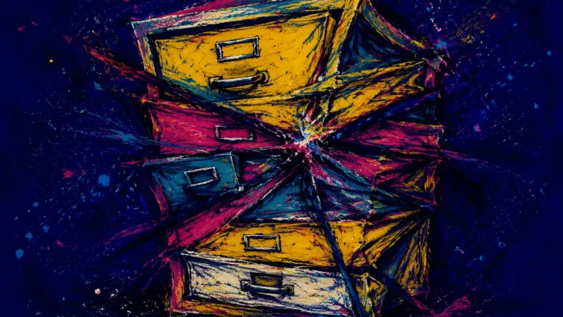 A filing cabinet crushed by tangled lines, representing promotion-level responsibility trapped