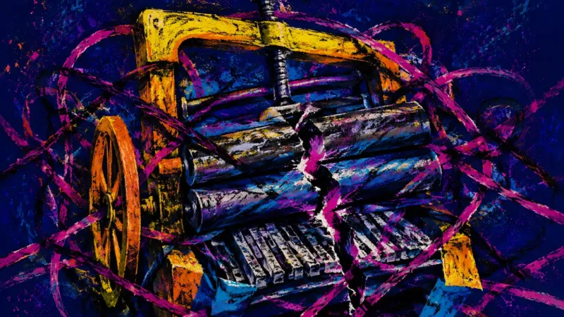 Jammed Authorship A printing press crushed by tangled lines, representing thesis anxiety, compulsive research, and the