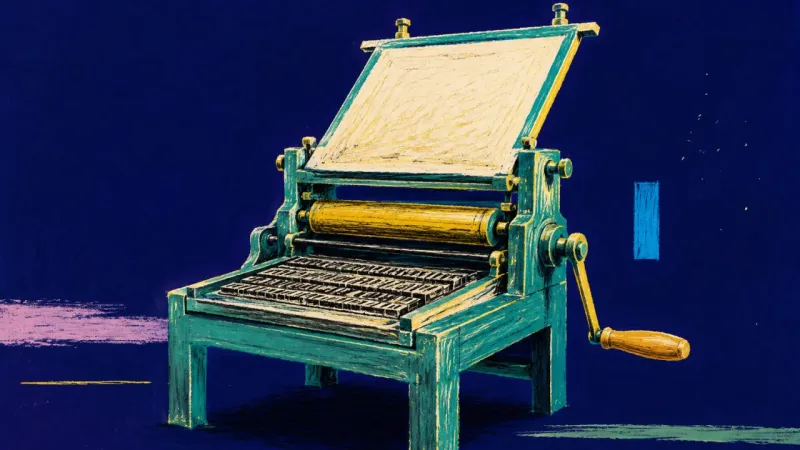 Authorship in Motion A restored printing press in clear alignment, representing thesis anxiety resolved throughvisional?