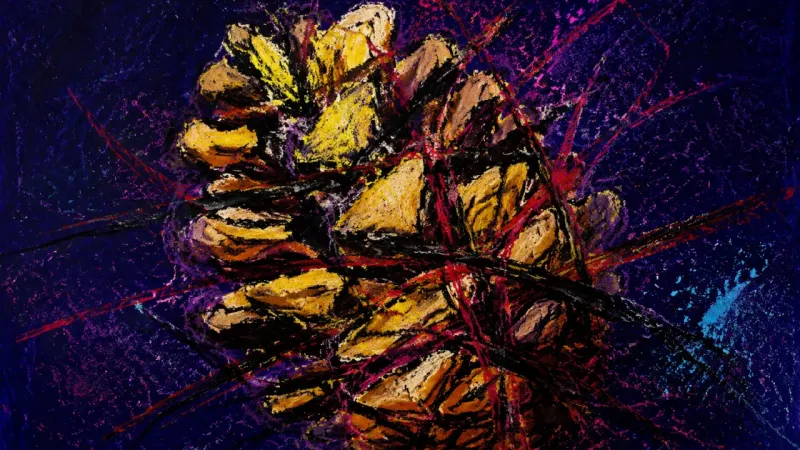 Security in Constriction A crushed pinecone bound by chaotic lines represents anxious over-analysis and the belief that meani