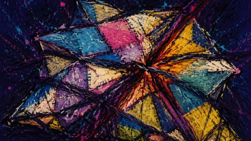 Authorship Under Pressure A distorted quilt grid bound by chaotic lines, representing self-erasure, blurred authorship, and