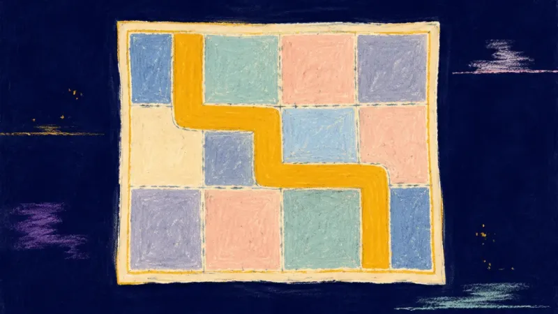 Authorship Restored A restored quilt grid with distinct, orderly panels, representing balanced collaboration, clear a