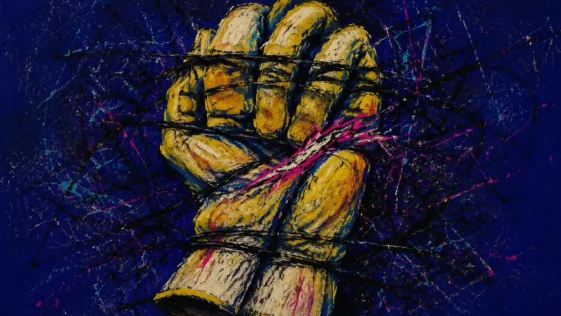Consent Under Pressure A collapsed glove bound by dense crossing lines, representing uneasy gratitude that compresses and