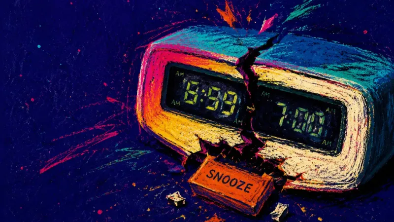 The Unstarted Hour A damaged desk alarm clock symbolizes postponing study until a perfect academic reset.