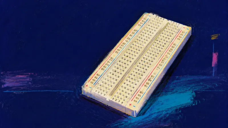 An electronics prototyping board restored to open, ordered rows, symbolizing progress through a test