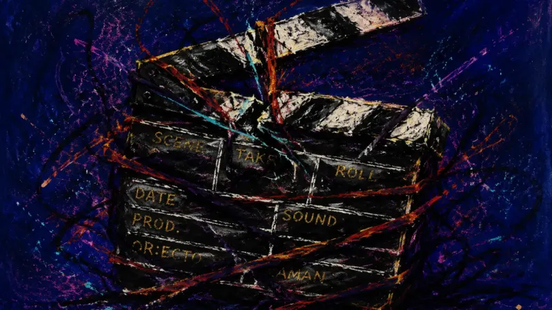 Fractured Final Take A clapperboard crushed by tangled marks, representing perfectionism that turns final submission into an oppressive test of self-worth.