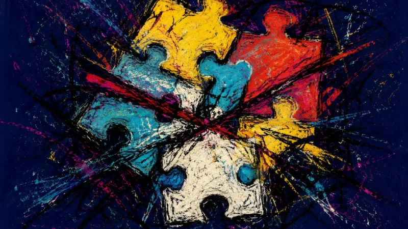 A jigsaw puzzle forced into mismatched pieces, representing compulsive caretaking and avoidance of5