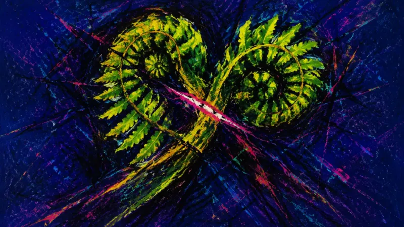 Forced Convergence Two fern fronds are compressed into one tangled form, representing longing turned into pressure be