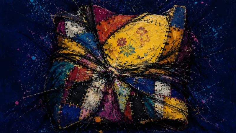 A distorted quilt with one panel eclipsing the rest, representing selective nostalgia suppressing
