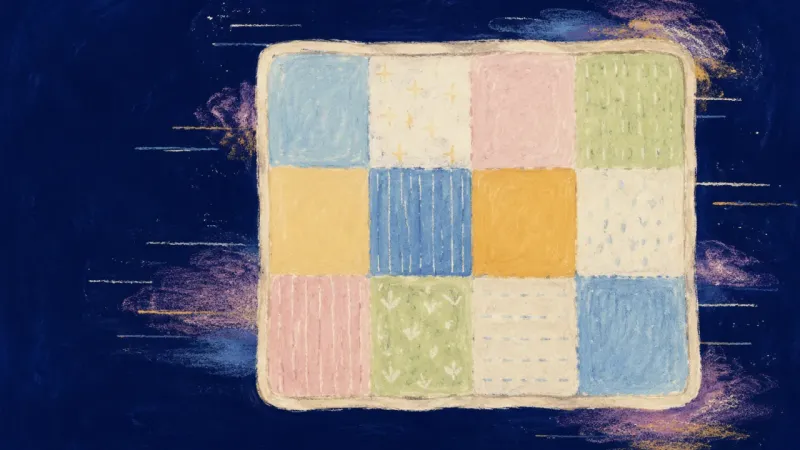 A restored patchwork quilt with every panel visible, representing longing and incompatibility held a