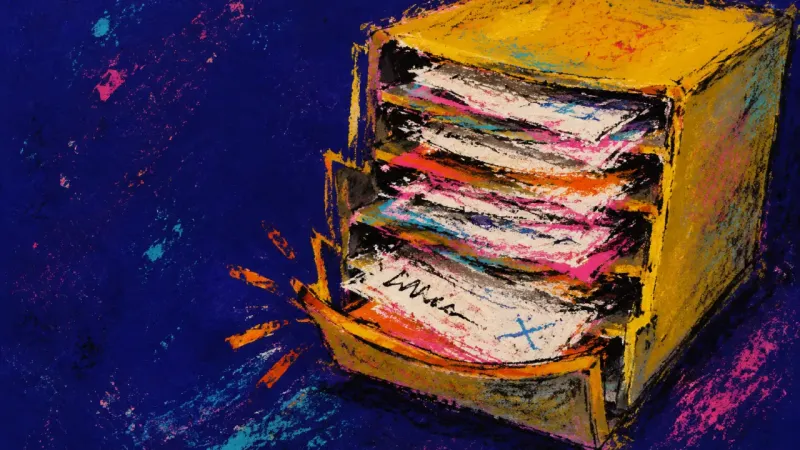 Backlog Pressure An overfilled document tray buckling under unfinished coursework, symbolizing shame-driven procrasts