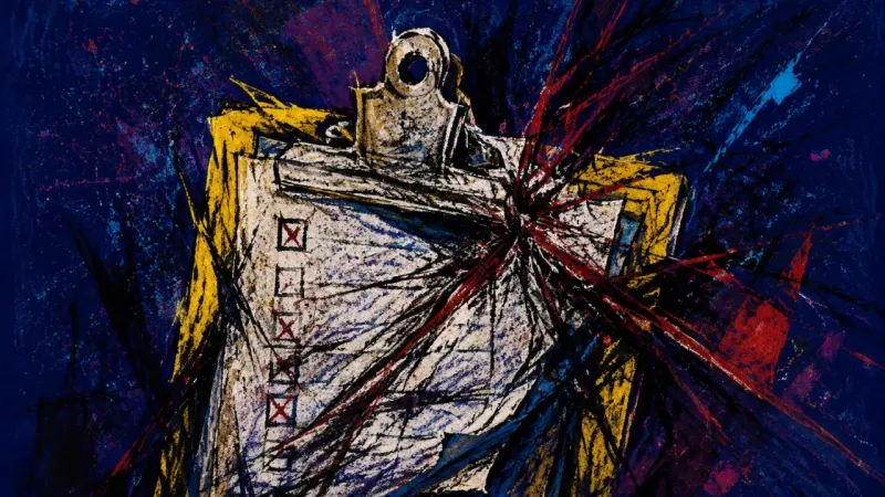 Clamped Progress An abstract clipboard crushed by chaotic marks, representing shame-driven procrastination and j