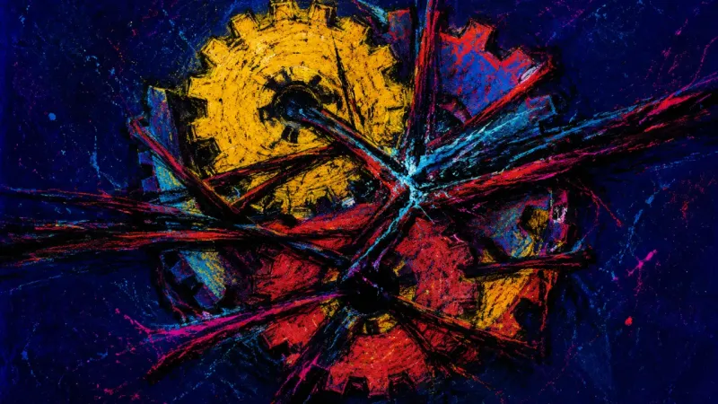 A crushed gear train trapped by tangled lines, representing feedback-dependent research paralysis