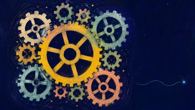 An ordered gear train with open, aligned wheels, representing self-trust and steady research progres