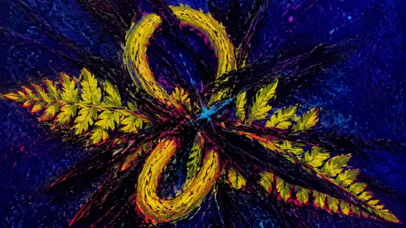 A compressed fern bound by chaotic lines, representing identity-based career choice paralysis and