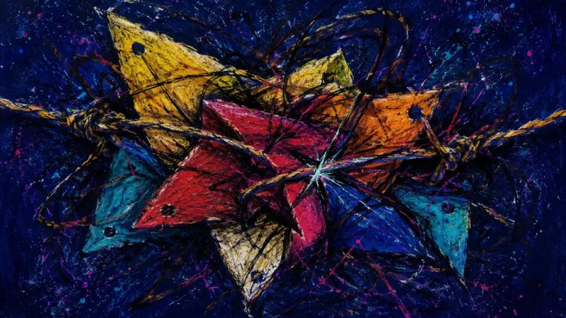 Bunting Under Strain Knotted bunting is crushed and split by dense strokes, representing guilt-driven pressure to 2