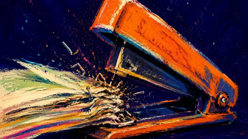 Proof Without Progress A desktop stapler split around an overfilled source bundle, symbolizing how endless research blocks