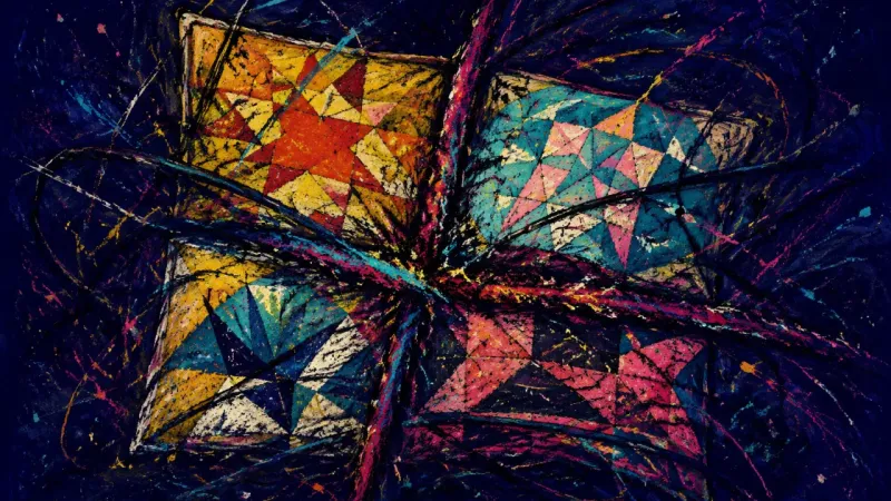 The Unfinished Whole A crushed patchwork quilt trapped by crossing lines, representing thesis perfectionism, information