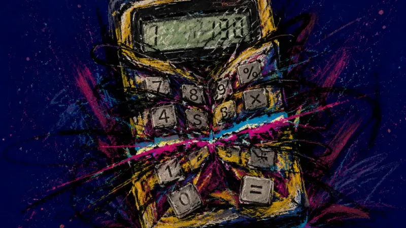 A buckled calculator trapped in tangled lines, representing learned helplessness and isolation after