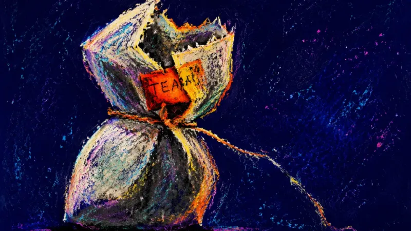 The Conditional Knot A tea bag torn open by its own knotted cord, symbolising the hidden obligations inside an offer