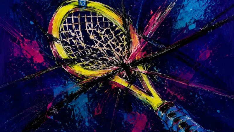 Consent Drawn Tight A warped tennis racket with a tangled string bed, representing rushed consent, scarcity pressure,