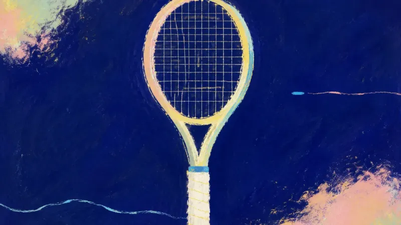 Discernment Restrung A restored tennis racket with an orderly string bed, representing informed consent, balanced terms,