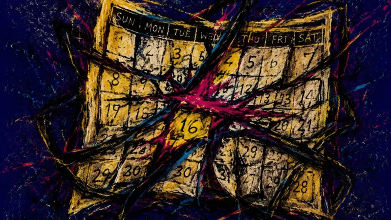 A calendar crushed by tangled marks and collapsed date cells, representing anxiety and resentment [